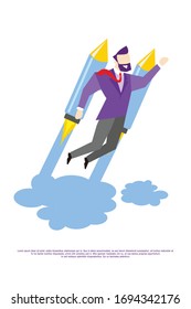 bussines man flies on a rocket into sky