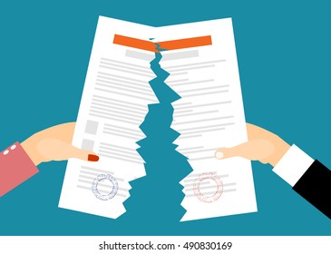 Bussines men and women Hands tearing apart a contract sheet of paper. Flat style