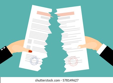 Bussines men and women Hands tearing apart a contract sheet of paper. Flat style