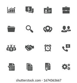 Bussines and office flat icons in gray. Set of 16 pieces.