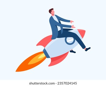 Bussines Rocket Roncept Flat Design, businessman flying on a rocket on blue sky background, business concept startup, Start up image,businessman riding on rocket,vector illustration