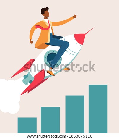 Bussines Rocket Roncept Flat Design, Black Bussinesman Ride Rocket to Succes Vector Illustration, businessman flying on a rocket on blue sky background, business concept startup