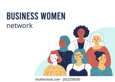 Bussines woman network. Multicultural group of various female characters
