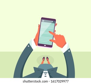 Bussines woman sending text message on smart phone. Flat design vector illustration.
