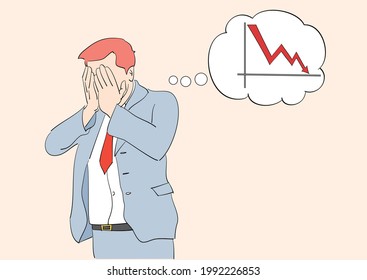 Bussinesman covers his face in disappointment. The man is sad that the stock price has fallen. Hand drawn style vector design illustrations