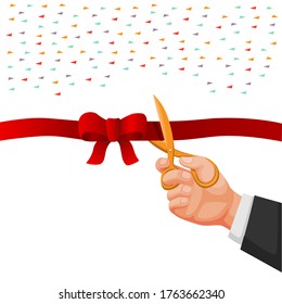 Bussinesman Hand Holding Scissors Cutting Red Ribbon Symbol for Celebrate Grand Opening Ceremony in Cartoon Illustration Vector