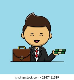Bussinesman With Money And Suitcase Cartoon Vector Icon Illustration. People Bussines Icon Concept Isolated Premium Vector.
