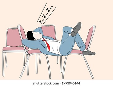 Bussinesman on duty is sleeping. Man sleeping on a work chair. Hand drawn style vector design illustrations.