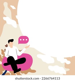 Bussinesman presenting important news. Man speaking. Big white speech bubble contains brand new information. Emty space for text on bright colored background.