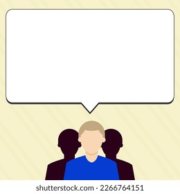 Bussinesman presenting important news. Man speaking. Big white speech bubble contains brand new information. Emty space for text on bright colored background.