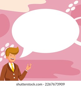 Bussinesman presenting important news. Man speaking. Big white speech bubble contains brand new information. Emty space for text on bright colored background.