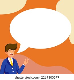 Bussinesman presenting important news. Man speaking. Big white speech bubble contains brand new information. Emty space for text on bright colored background.