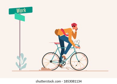 Bussinesman Riding Bycicle to Work Flat Design Concept, A Man Ride Bycicle to Work Vector Illustration, Ecological Transport, Urban Life