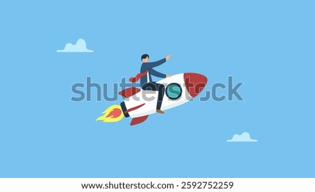 Bussinesman riding fast rocket with hands pointing forward to win business competition, winner or competitive advantage to success in work, innovation and motivation.