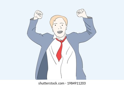 Bussinesman smiles happy because the task is successful. Hand drawn in thin line style, vector illustrations.