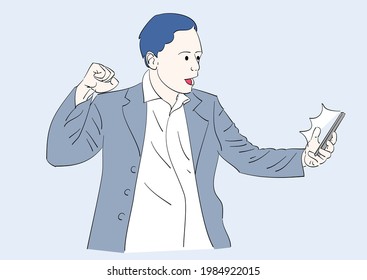 Bussinesman smiling happily while holding a cellphone because his task was successful. Hand drawn in thin line style, vector illustrations.