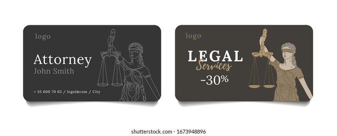 Bussiness cards for law firm or attorney with line illustration of blind goddess of justice Femida with scales, corporate style element