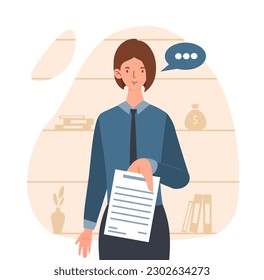 Bussiness document concept. Woman in suit stands and holds sheet of paper. Young girl with annual report in her hand. Happy manager give paperwork. Cartoon flat vector illustration