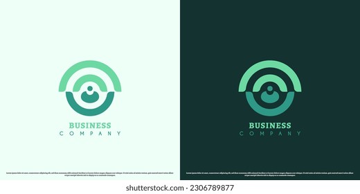 Bussiness man in green circle logo design illustration. People silhouette in circle zig zag geometric monogram green wifi rounded line nature target. Suitable for corporate person symbol web app icon.