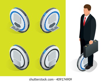 Bussiness man on One-wheeled Self-balancing electric scooter vector isometric illustrations. Intelligent and fashionable personal transportation tool with interactive function. Concise, fashionable.