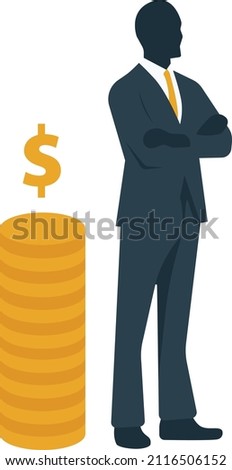 bussiness man standing with coin stacks flat illustration