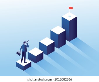 a bussiness man who looks up at the top of the stairs