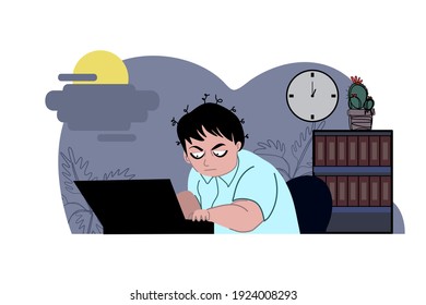 an Bussiness man is working in the office overnight. His face look tired. The Working so hard that the body is not resting can lead to serious illnesses. Illustration of working man working overtime.