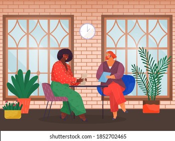 Bussiness meeting of partners, interview with candidate at work, hr holding cv resume of african woman, two office workers discussing work moments, woman with document talking with black female