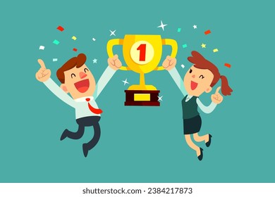 Bussiness team jump to celebrate and holding winning trophy together with confetti in background. Successful award winning business team achieve goal concept.