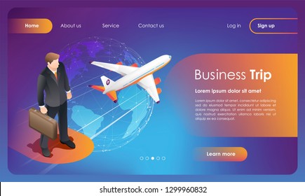 Bussiness trip. Business flights worldwide. Booking flights travel. Buy ticket online. Concept for web page, banner, app, presentation, social media. UI/UX user interface. Flat vector illustration.