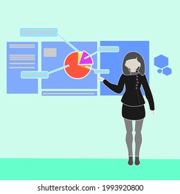 Bussiness Woman with black uniform trying to explain the pie chart on green background