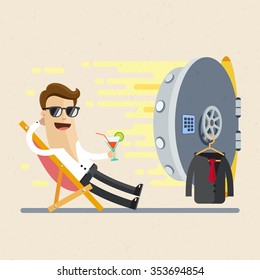 Bussinessman, boss, manager. Successful businessman sitting in a lounge chair in front of a safe with money. Illustration, flat, Vector EPS10.