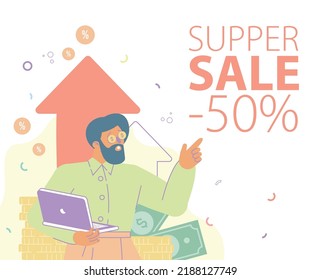 Bussinessman holding laptop and pointing a finger at title. Red arrow shows growth the money. Example of text. Space for your text