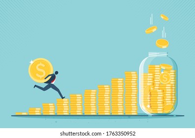 Bussinessman run for money glass money jar full of gold coins. Growth, income, savings, investment. Symbol of wealth. Business success. vector cartoon design.