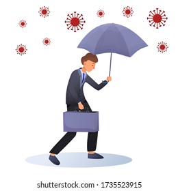 Bussinessman with suitcase under umbrella around viruses. Male cartoon character. Business concept. Virus pandemic.