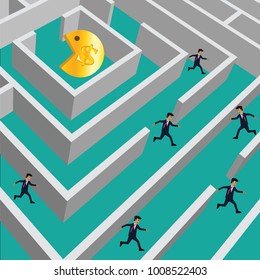 Bussinessmans try to escape from money hunter in the maze, vector, Illustration