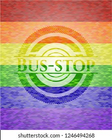 Bus-stop emblem on mosaic background with the colors of the LGBT flag