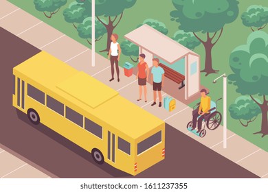 Bus-stop people isometric composition with outdoor landscape and yellow bus near stop with waiting people vector illustration