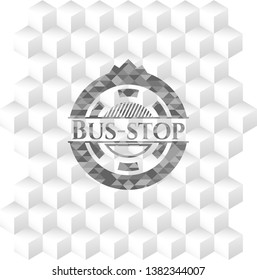 Bus-stop retro style grey emblem with geometric cube white background