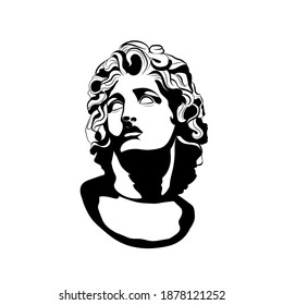 Bust of Alexsander the Great. Graphic drawing. Black and white illustration. Vector.