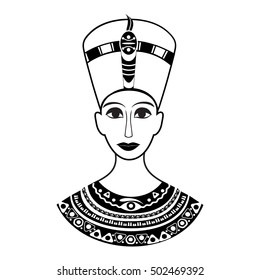 The bust of the ancient Egyptian pharaoh Cleopatra or Nefertiti is shown from the front. On his head a crown on the chest of the old traditional decoration patterns.