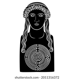 Bust of ancient Greek woman or goddess with a round spiral maze or labyrinth symbol as her heart. Black and white negative silhouette. Creative concept.