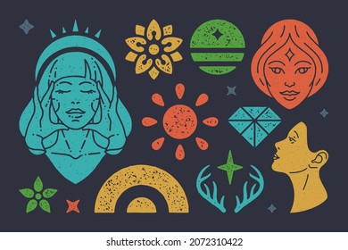 Bust of antique sorceress casting spell and boho sun. Head of goddess with star in forehead. Reindeer antlers with diamond and moon with stripes. Vector magical and esoteric symbols