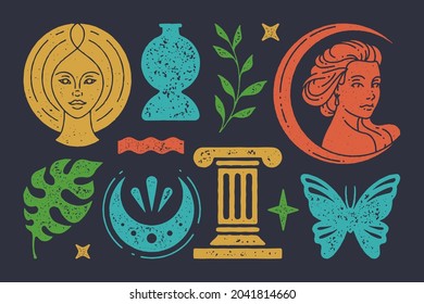 Bust of antique woman in boho crescent with ancient column. Head of sun goddess with magical amphora and astral butterfly. Twigs and leaves medicinal plants. Vector esoteric symbols set