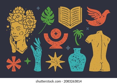 Bust of antique woman wearing boho floral wreath. Sculpted esoteric torso with an open book with sacred stand. Dove flying and palm tree and leaf. Vector esoteric set of colorful design elements