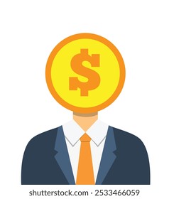 Bust of Businessman with Dollar Coin Instead of Head. Business people, money investment and earning vector art