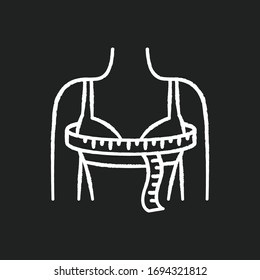 Bust circumference chalk white icon on black background. Female upper body measurements, tailoring parameters. Bust width specification for bespoke clothing. Isolated vector chalkboard illustration