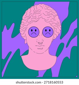 Busto de una estatua griega clásica con cabello rizado y características serenas, superpuesto con Grandes ojos de emoji llorando y tristes en azul profundo sobre un fondo de color verde azulado y púrpura. Ilustración vectorial conceptual para temas de melancolía, cultura de la tristeza digital mezclada con arte clásico y estética vaporwave en un estilo retro psicodélico.