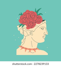 Bust of a decorative ancient Greek goddess of a woman. Antique sculpture with a bouquet of rose flowers on its head and a studded collar. Vector isolated trend illustration.