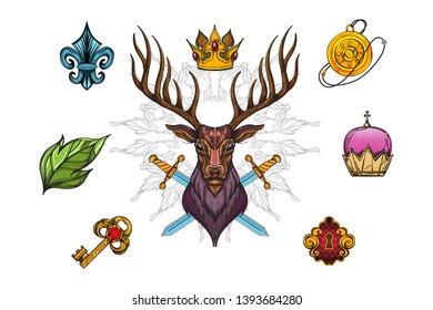 Bust of a deer and magic items on a white background. Cartoon style.